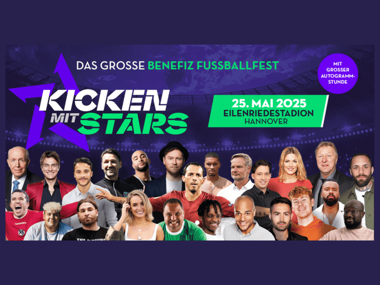 Promobild für das Benefiz-Fußballfest „Kicken mit Stars“ am 25. Mai 2025 im Eilenriedestadion Hannover mit prominenten Teilnehmern.